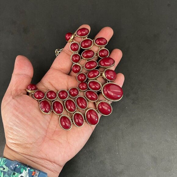 Vintage Red Bead Gold Tone Chunky Collar Bib Statement Necklace Wedding Party - Picture 9 of 9